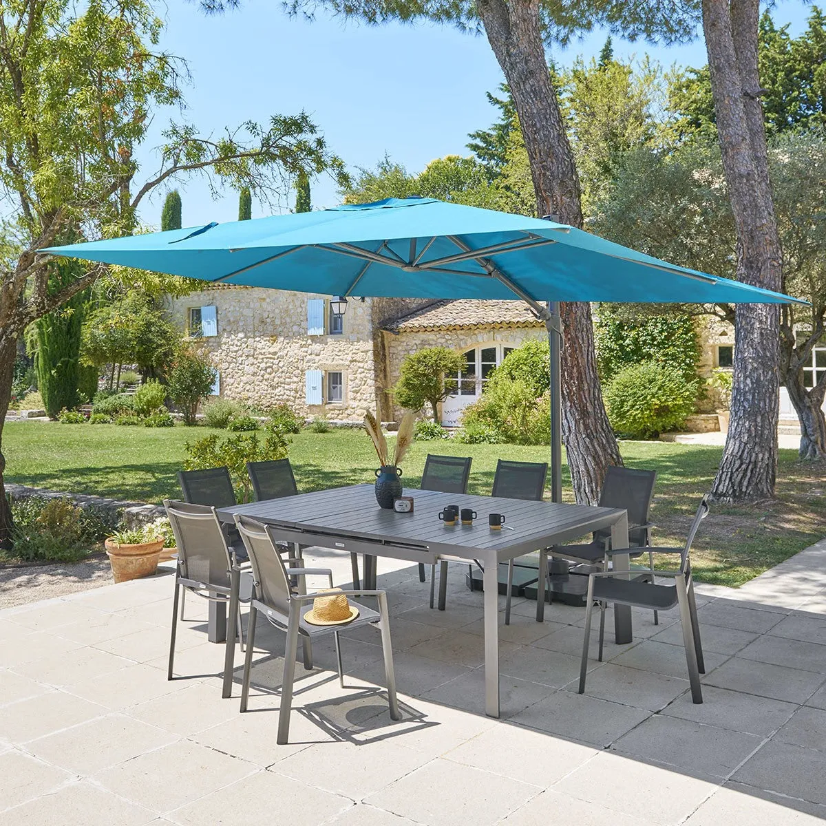 Parasol déporté rectangulaire MELHIA Bleu Canard / Graphite