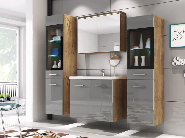 Salle de bain complète MADRID 8 portes châtaignier naturel/gris brillant avec led