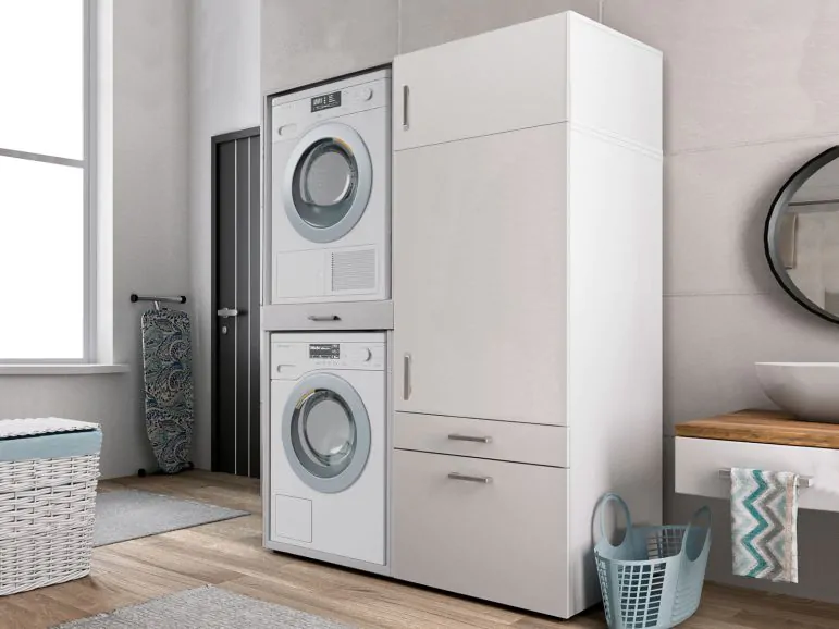 Meuble WASHING 2 machines superposées avec armoire 1 porte 2 tiroirs medium
