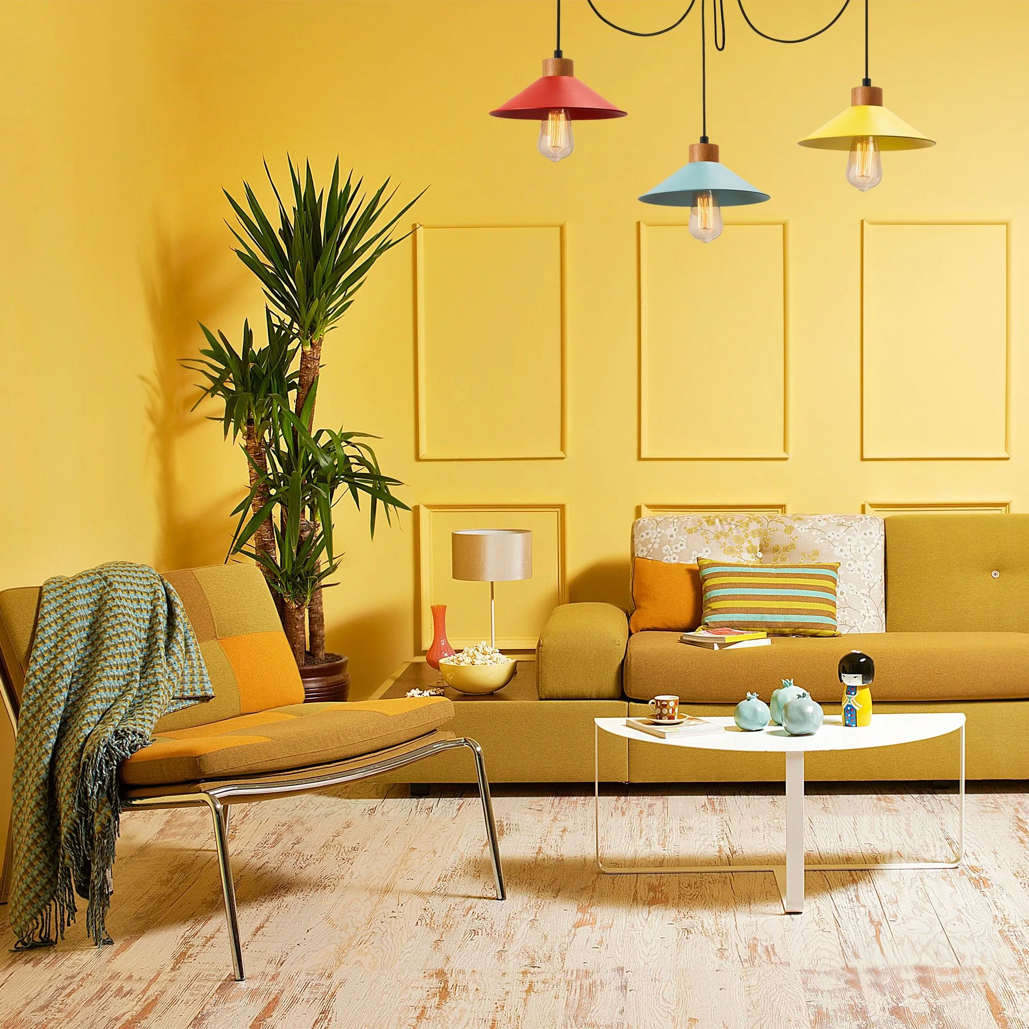 Lustre épuré et contemporain | Multicolore | Métal/Bois | Hauteur réglable