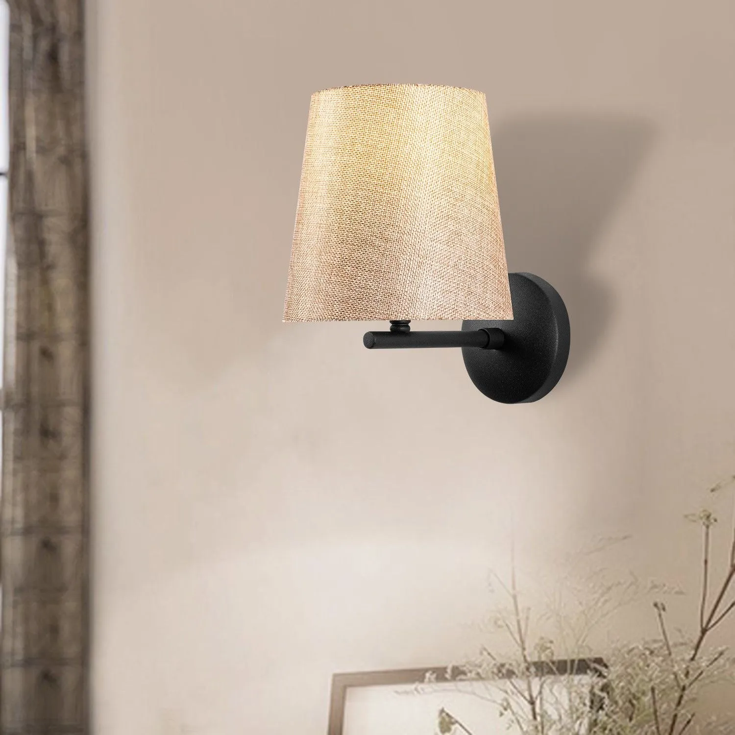 Opviq Wall Lamp | Corps en métal et capuchon en tissu | 18x22 cm | Hauteur 26cm | E27 Max 40W | IP20 Noir Crème