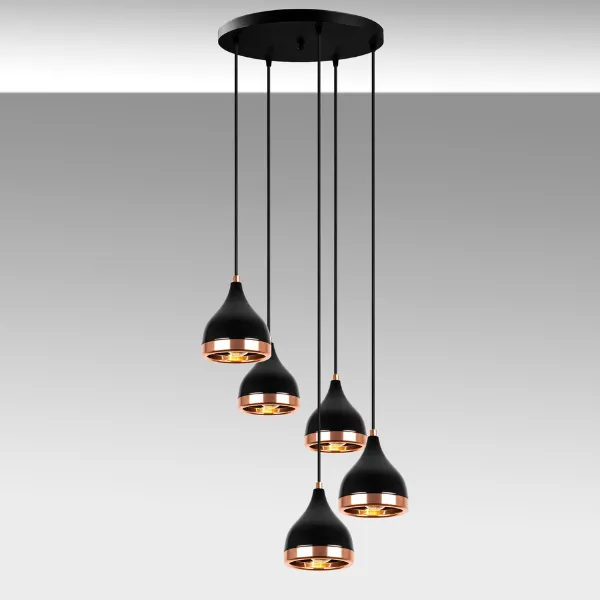 Opviq Lustre à corps métallique - 43x43 cm, hauteur réglable, 5x douille E27, cuivre noir