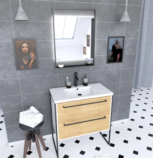 Ensemble meuble à 2 tiroirs, vasque et miroir à led