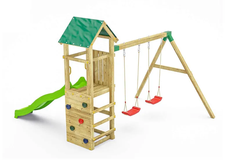 Aire de jeux Charly avec balançoire double et mur d'escalade - Fungoo