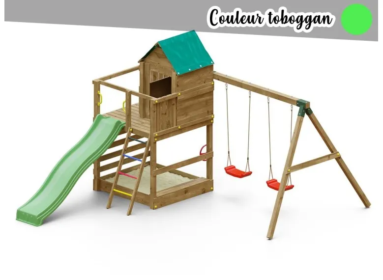 Aire de jeux Jarcas avec balançoire double - Toboggan Vert - Fungoo