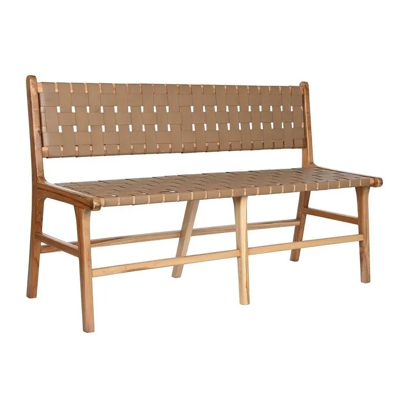 Banc en bois de teck et cuir beige naturel et foncé, 140 x 59 x 89 cm | Bord de mer
