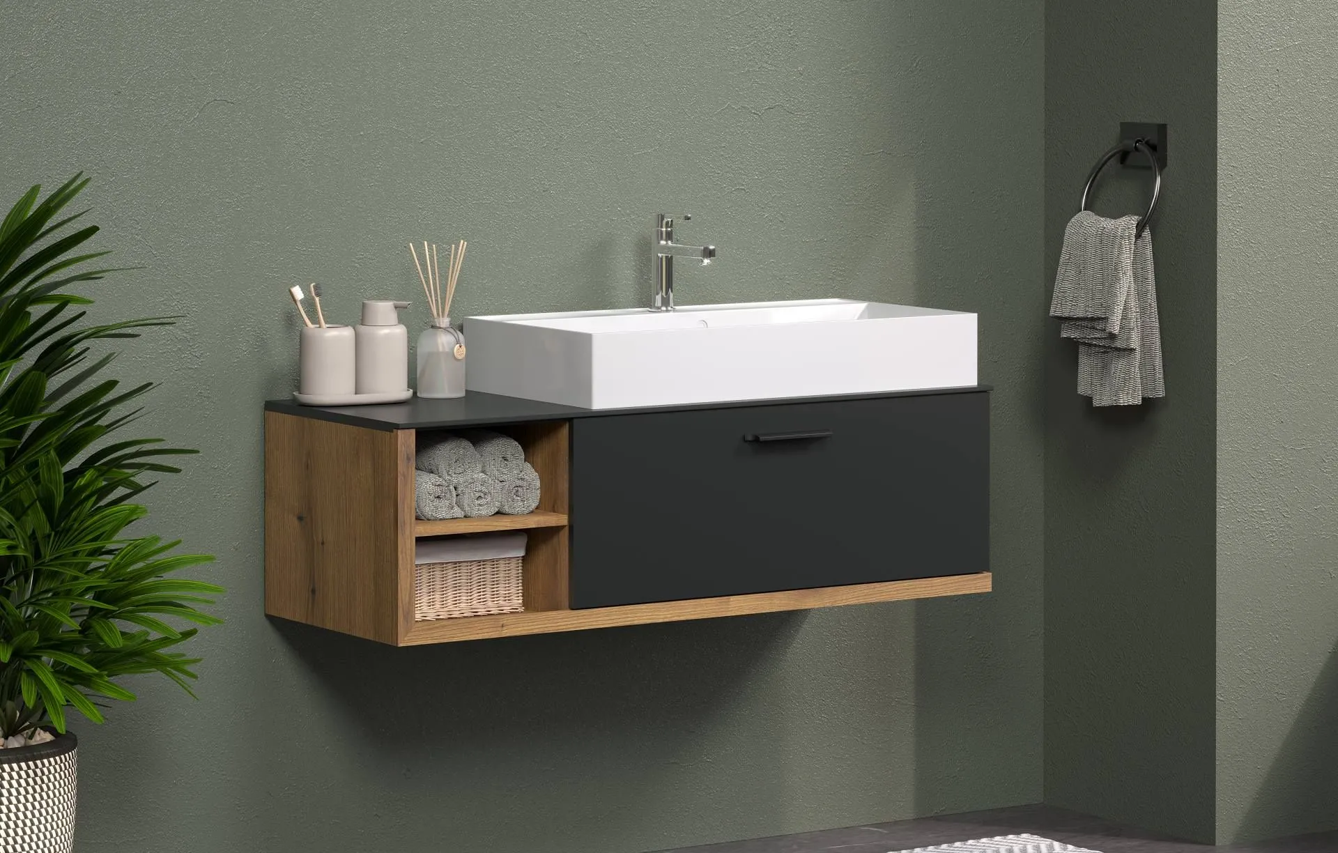 Synnax - meuble de salle de bain sous lavabo avec vasque - melamine chêne et antracite -120x36cm