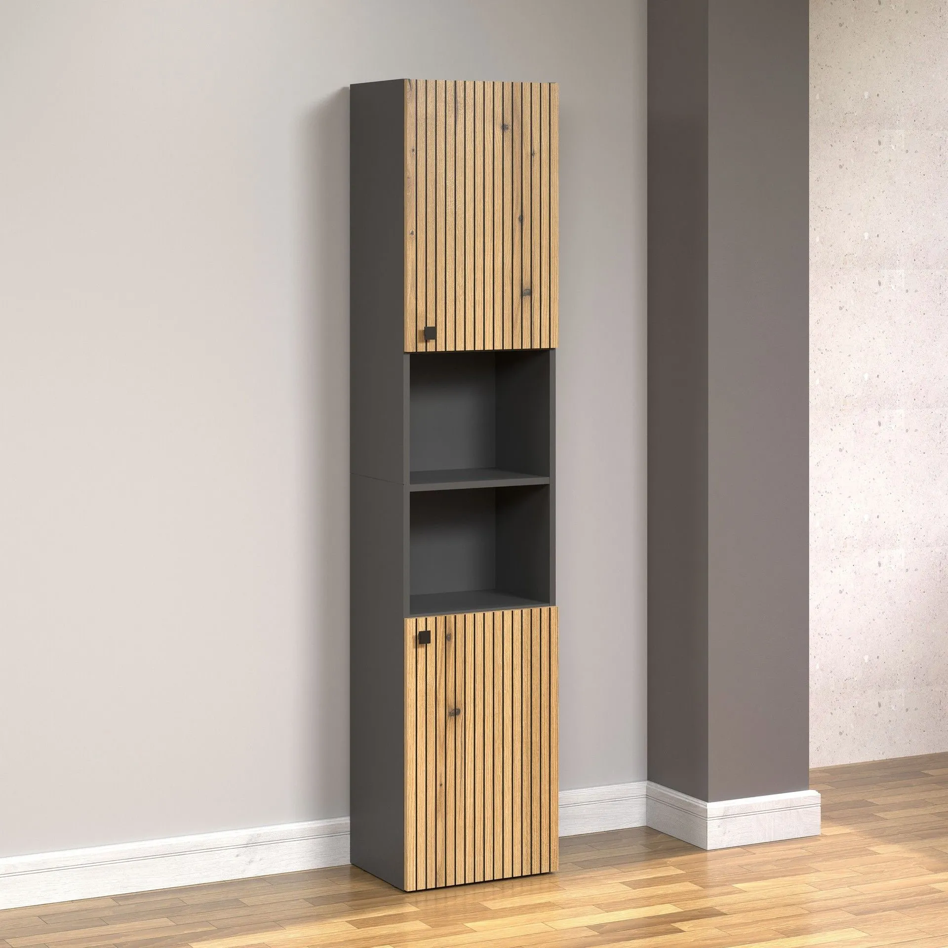 PureBliss – Armoire haute en anthracite/chêne Evoke/mélamine noire – L/H/P : 40 x 186 x 31 cm