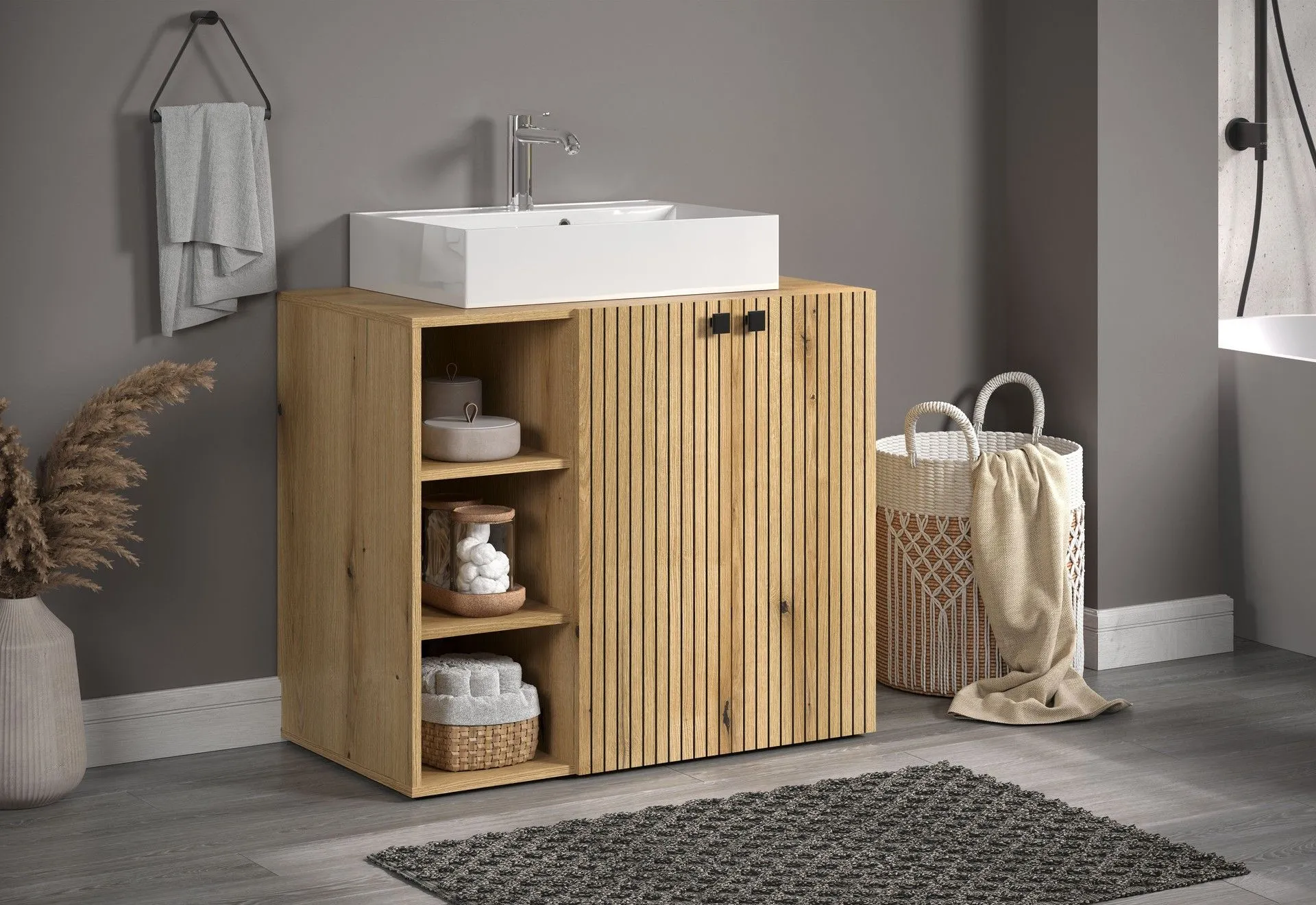 PureBliss – Meuble sous-lavabo avec vasque intégrée en chêne Evoke– L/H/P : 90 x 79 (91 avec vasque) x 53 cm
