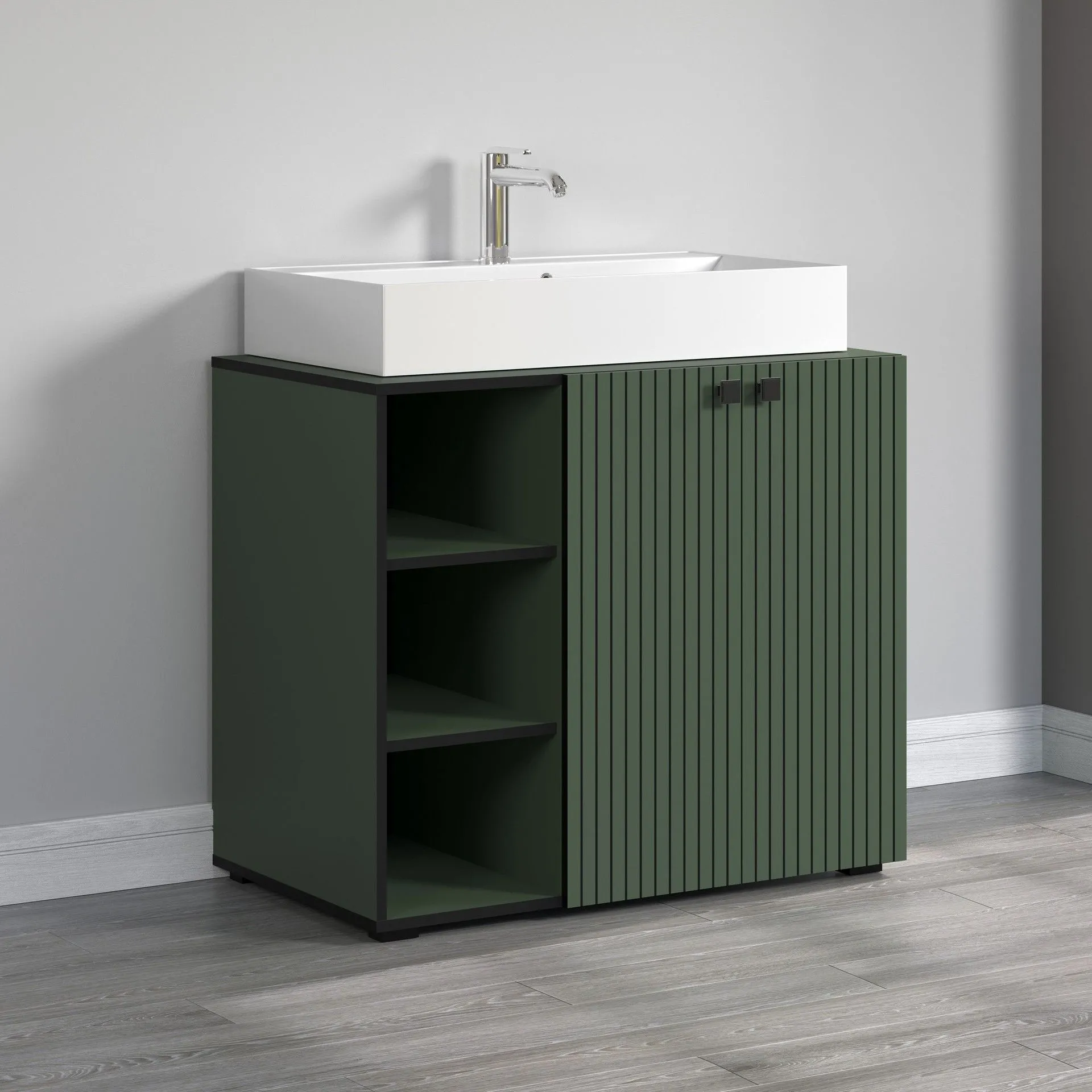 PureBliss – Meuble sous-lavabo avec grand vasque intégrée en mélamine vert/noir – L/H/P : 90 x 79 (91 avec vasque) x 53 cm