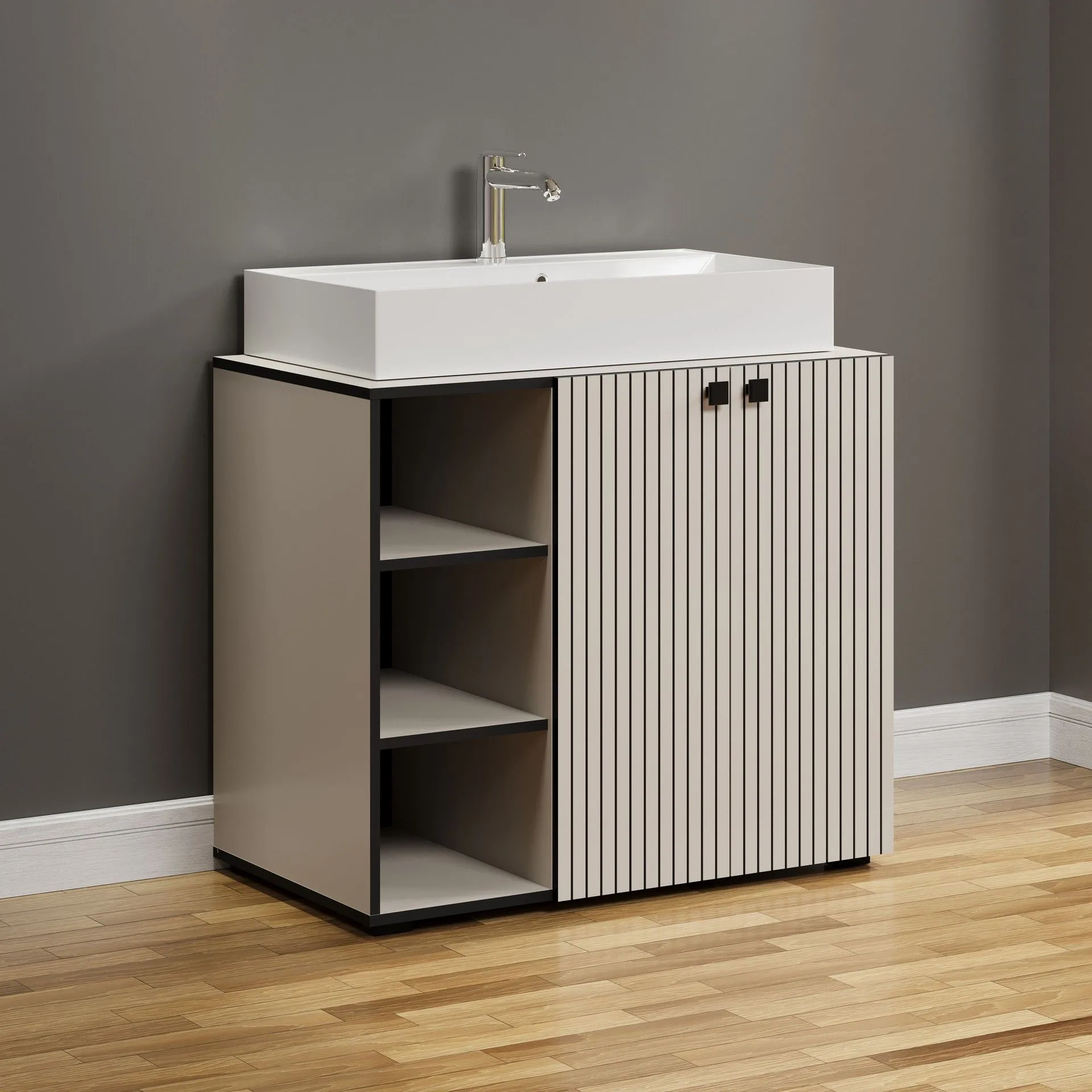 PureBliss – Meuble sous-lavabo avec grand vasque intégrée en mélamine gris kashmir clair/noir – L/H/P : 90 x 79 (91 avec vasque) x 53 cm