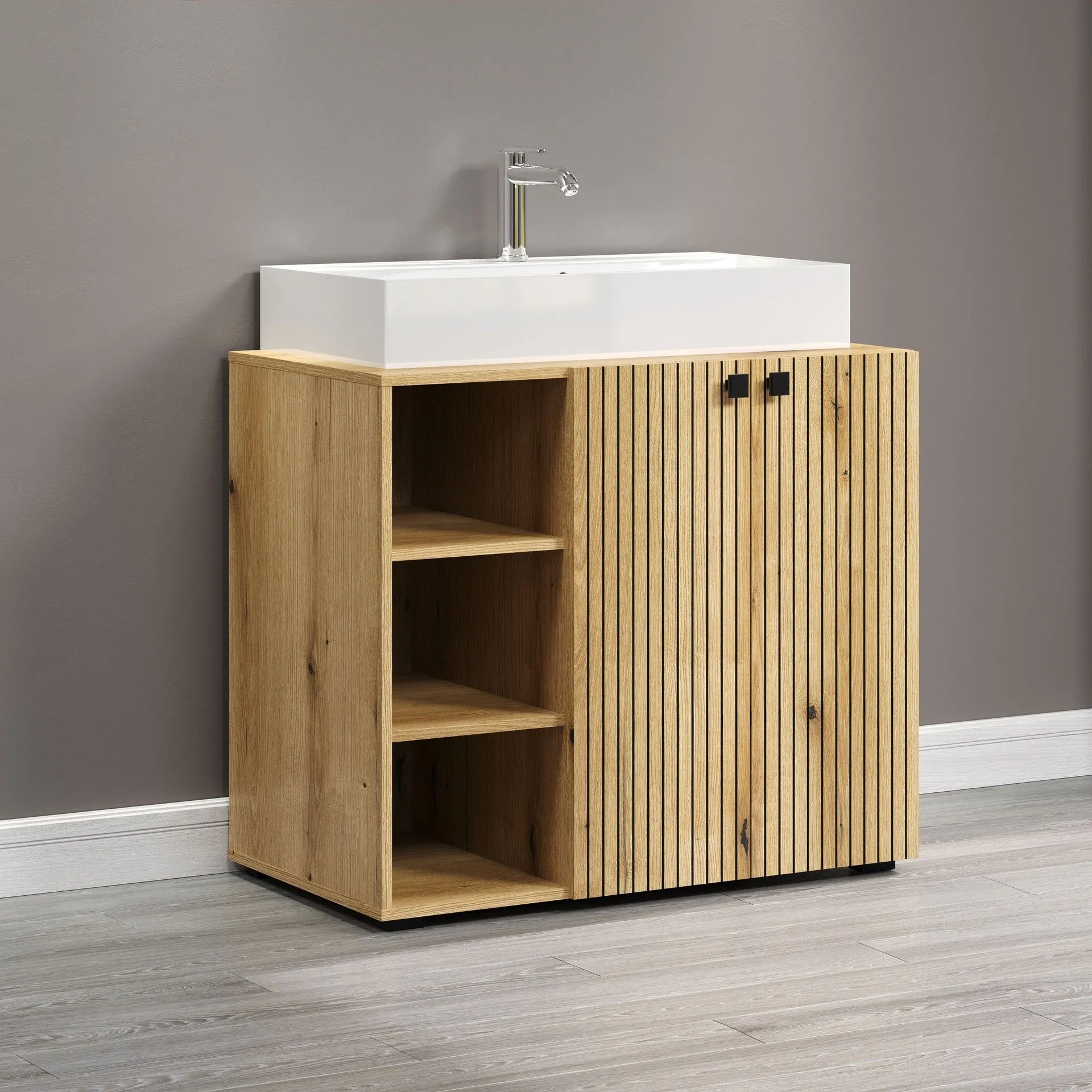 PureBliss – Meuble sous-lavabo avec grand vasque intégrée en chêne Evoke– L/H/P : 90 x 79 (91 avec vasque) x 53 cm