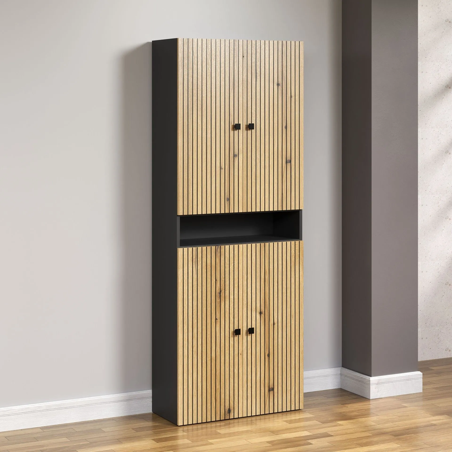 PureBliss – Armoire haute en anthracite/chêne Evoke/mélamine noire – L/H/P : 70 x 186 x 31 cm