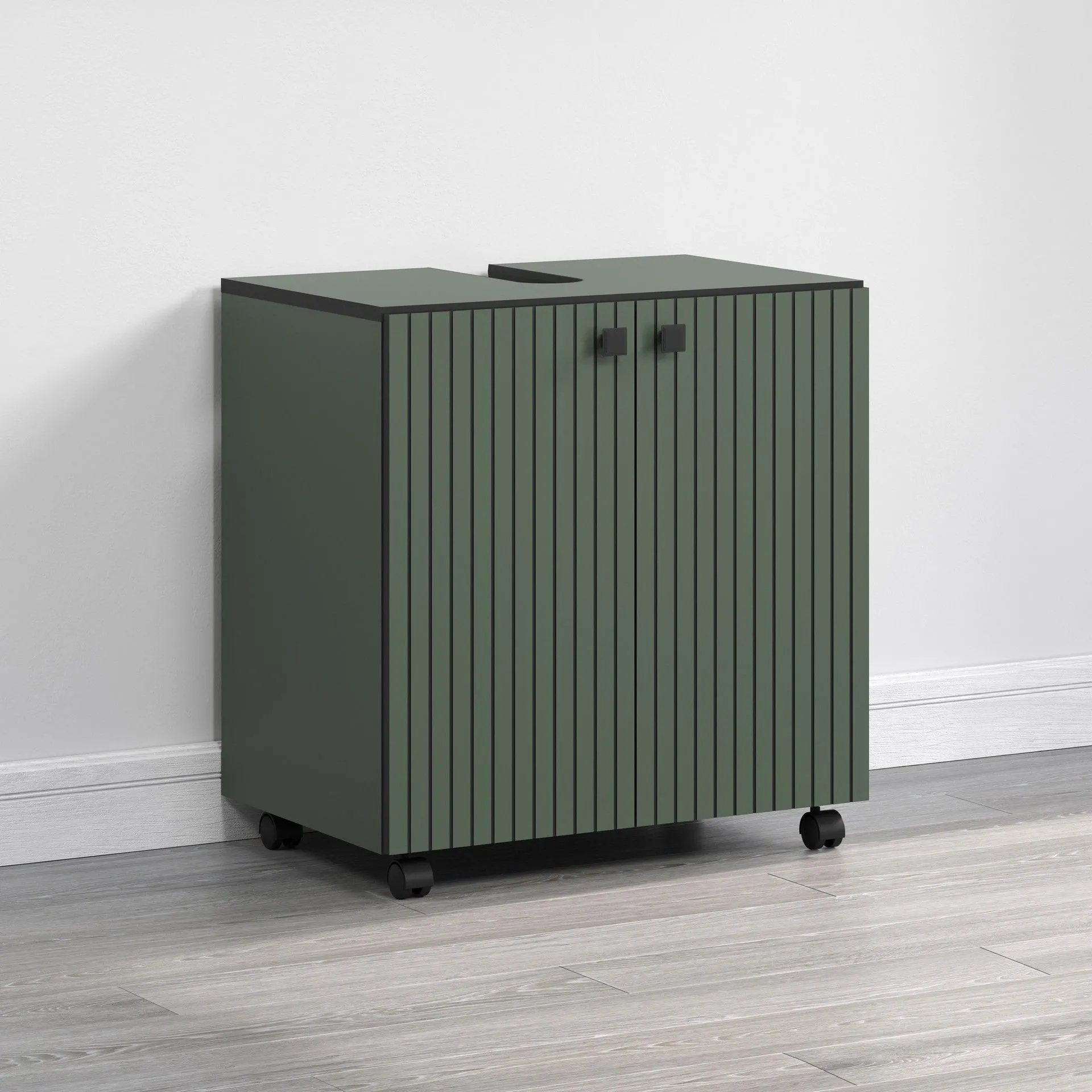 PureBliss – Meuble sous-lavabo en mélamine vert/noir sur roulettes – L/H/P : 60 x 64 x 42 cm