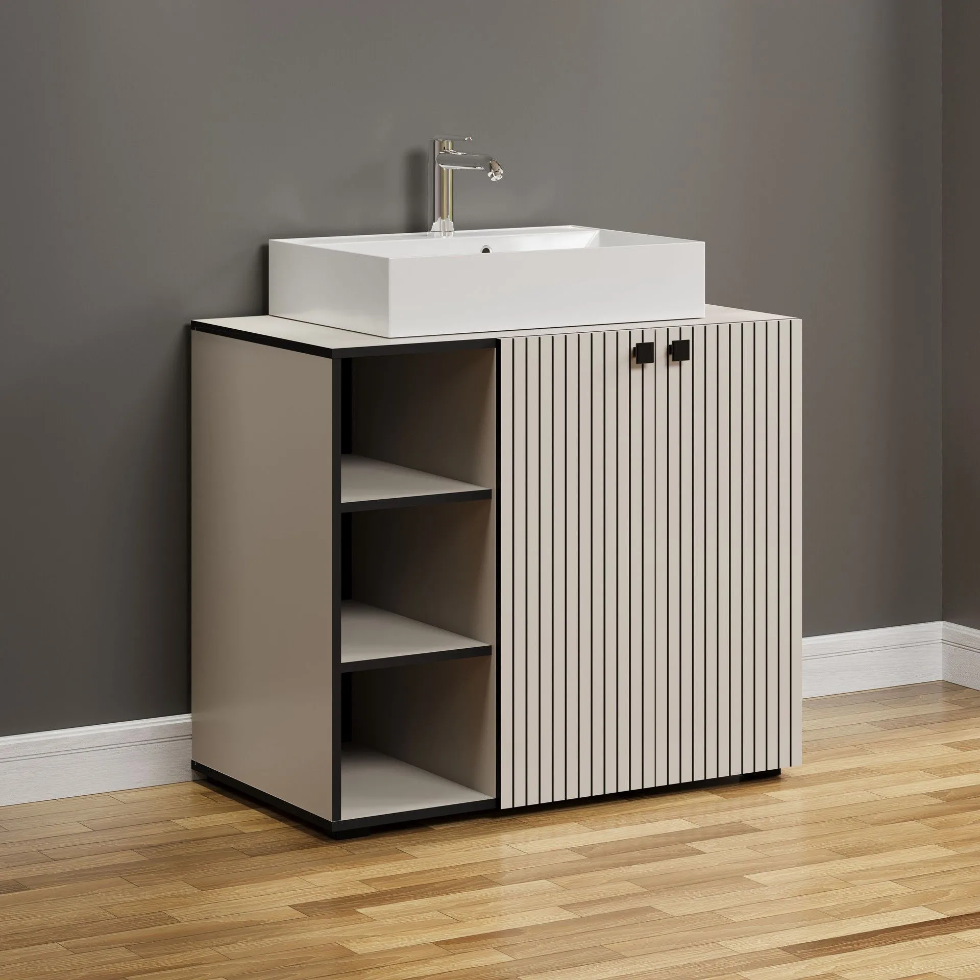 PureBliss – Meuble sous-lavabo avec vasque intégrée en mélamine gris kashmir clair/noir – L/H/P : 90 x 79 (91 avec vasque) x 53 cm