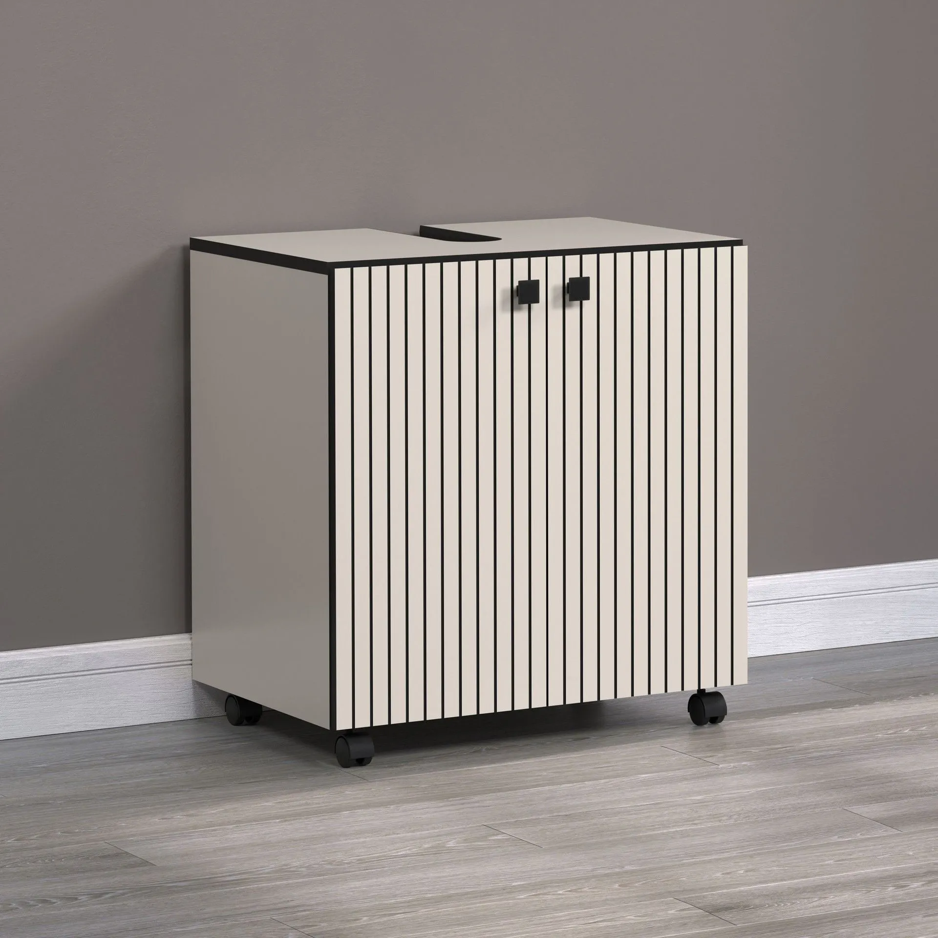 PureBliss – Meuble sous-lavabo en mélamine gris kashmir clair/noir sur roulettes – L/H/P : 60 x 64 x 42 cm