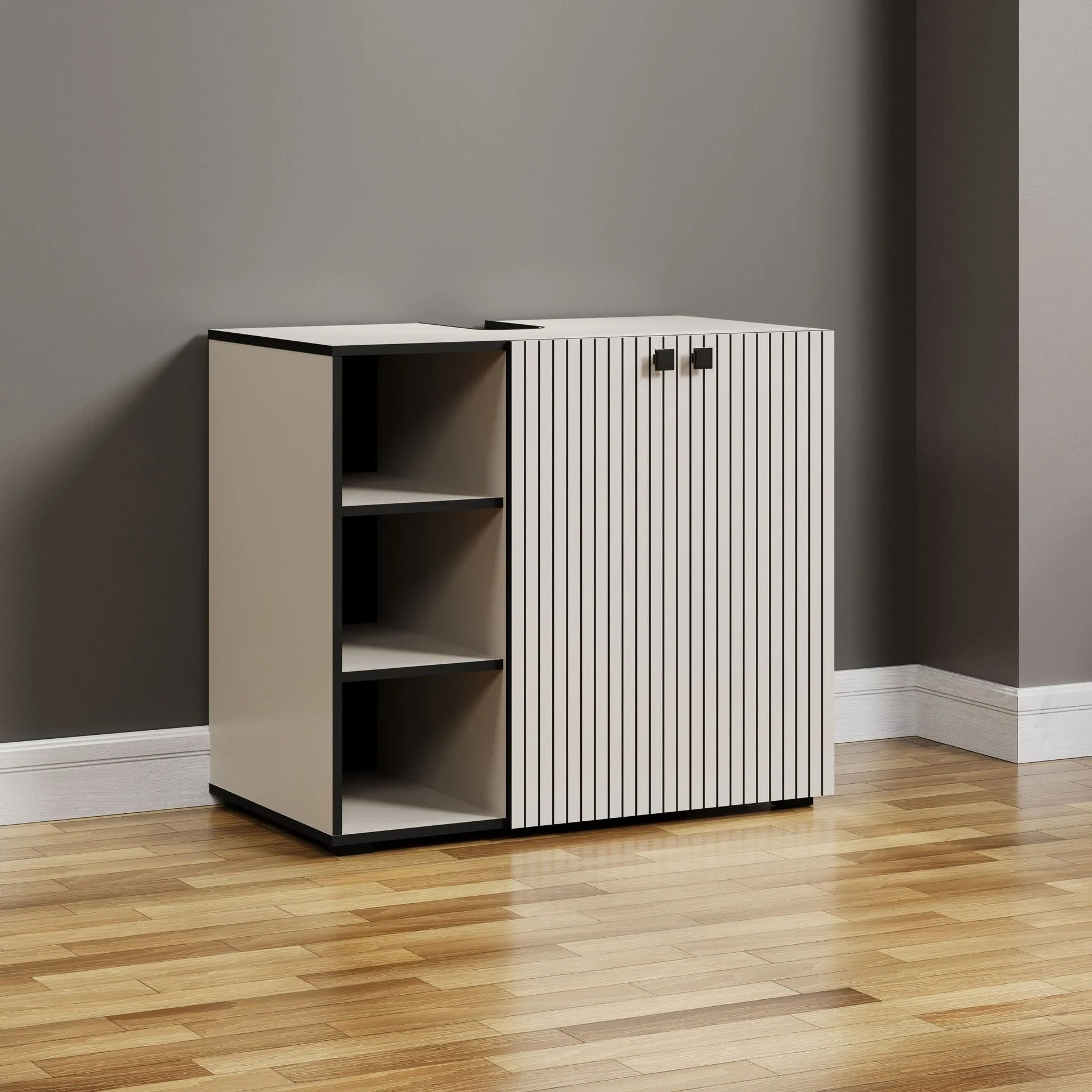 PureBliss – Meuble sous-lavabo en mélamine gris kashmir clair/noir – L/H/P : 90 x 79 x 53 cm