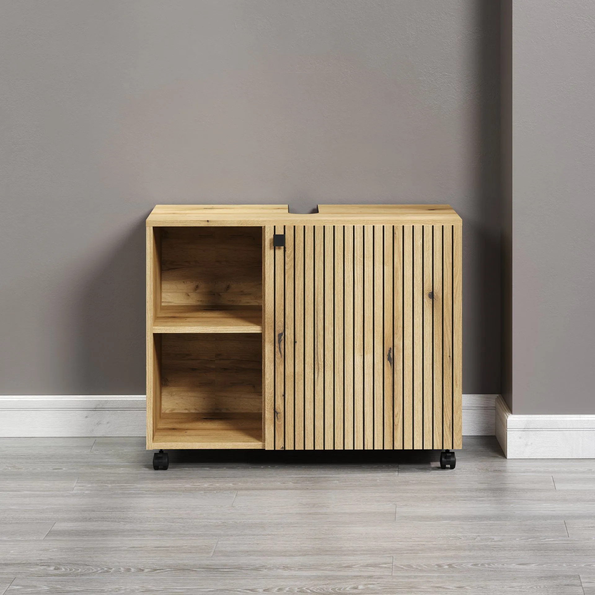 PureBliss – Meuble sous-lavabo en chêne Evokesur roulettes – L/H/P : 80 x 64 x 42 cm