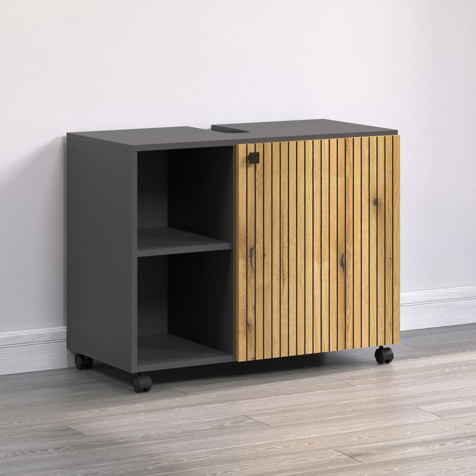 PureBliss – Meuble sous-lavabo en anthracite/chêne Evoke/mélamine noire sur roulettes – L/H/P : 80 x 64 x 42 cm