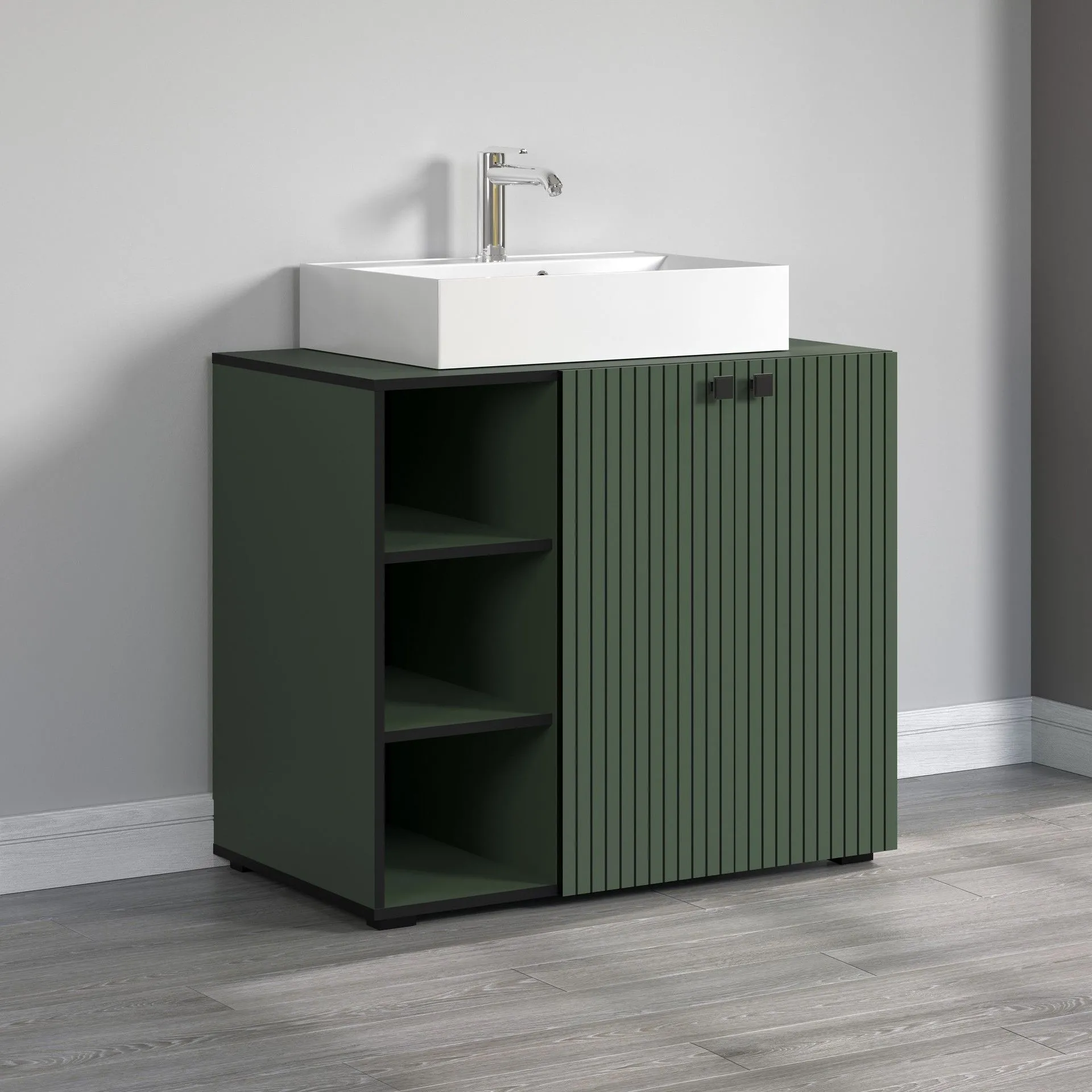 PureBliss – Meuble sous-lavabo avec vasque intégrée en mélamine vert/noir – L/H/P : 90 x 79 (91 avec vasque) x 53 cm
