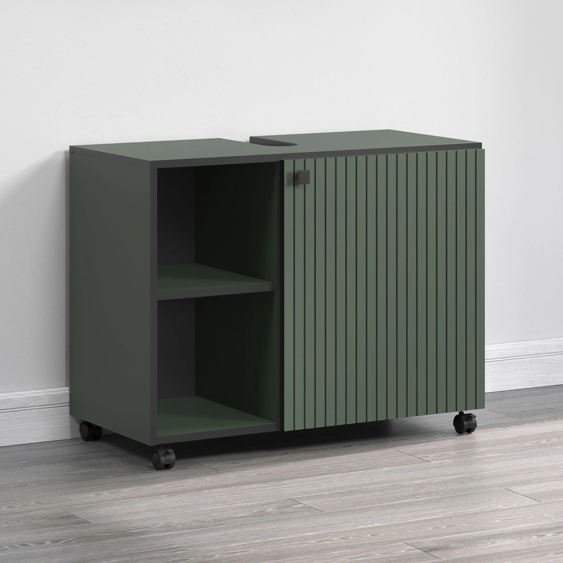 PureBliss – Meuble sous-lavabo en mélamine vert/noir sur roulettes – L/H/P : 80 x 64 x 42 cm