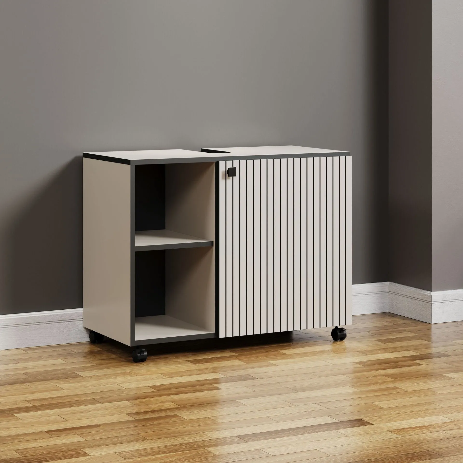 PureBliss – Meuble sous-lavabo en mélamine gris kashmir clair/noir sur roulettes – L/H/P : 80 x 64 x 42 cm