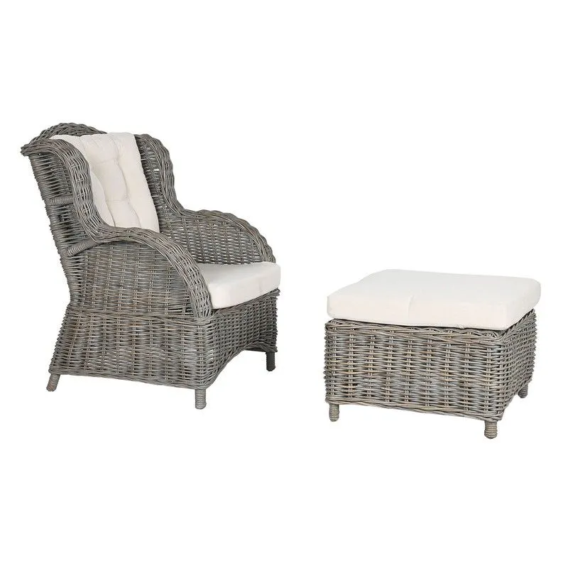 Fauteuil de jardin en rotin et tissu avec pouf naturel et beige, 73 x 75 x 100 cm | Indonésie