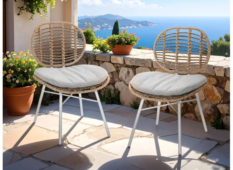 Chaise de jardin en résine tressée FLORES avec coussin chiné gris/beige - Jardiline