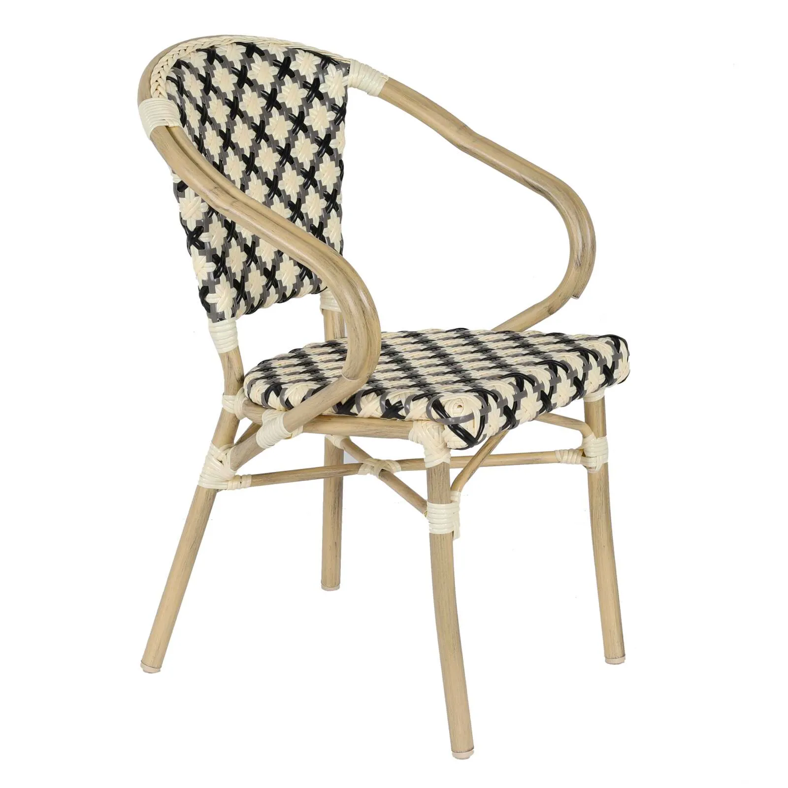 Chaise de jardin style bistrot parisien en aluminium et rotin synthétique avec accoudoirs