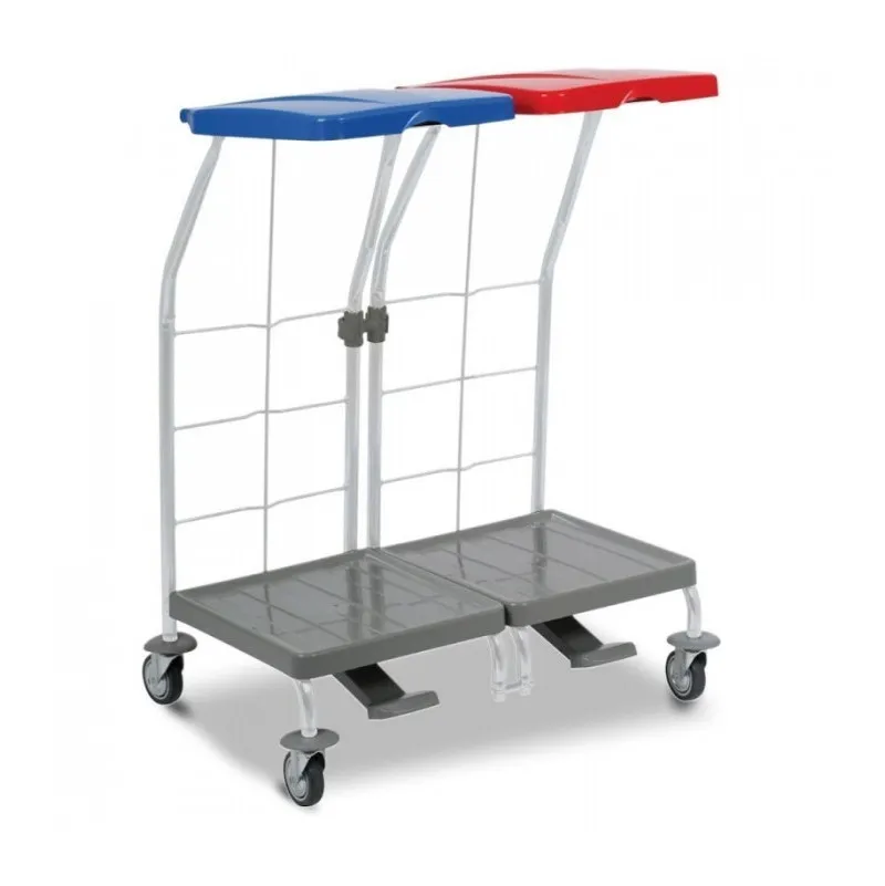 Chariot ramassage linge 2 supports sac 70 L couvercle bleu rouge et pédale FILMOP