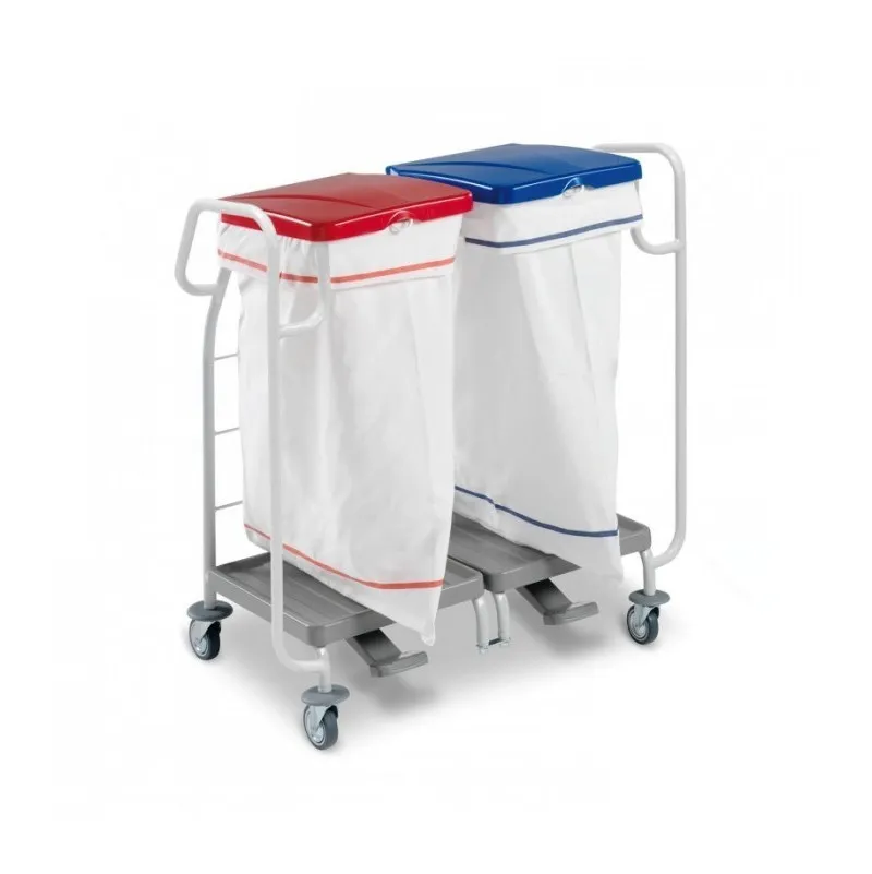 Chariot ramassage linge 2 supports sac 70 L couvercle bleu rouge, pédales et deux poignées de guidage FILMOP