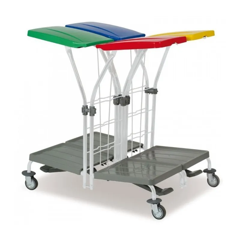 Chariot ramassage linge 2x2 supports sacs 70 L dos a dos couvercle bleu rouge vert jaune, pédales, deux poignées guidage FILMOP
