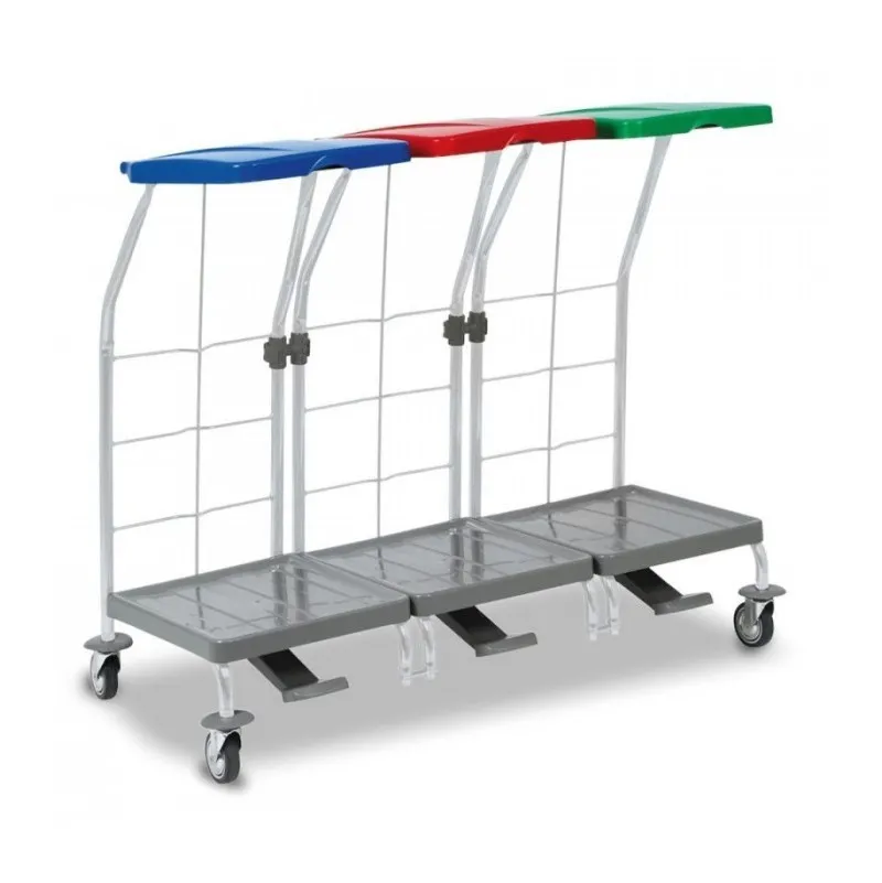 Chariot ramassage linge 3 supports sac 70 L couvercle bleu rouge vert et pédale FILMOP