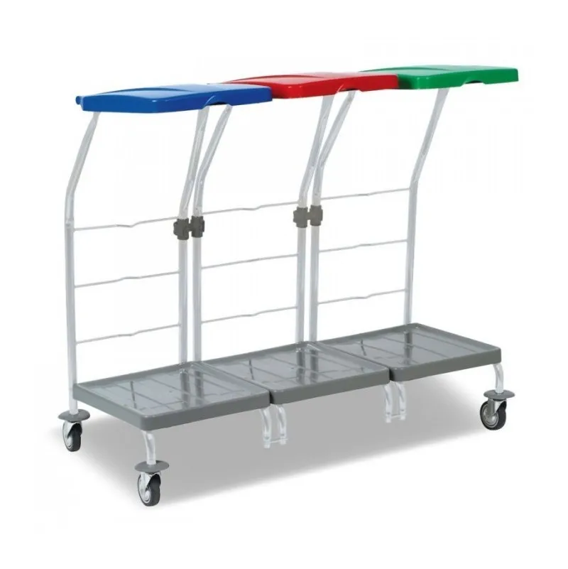 Chariot ramassage linge 3 supports sac 70 L couvercle bleu rouge vert FILMOP