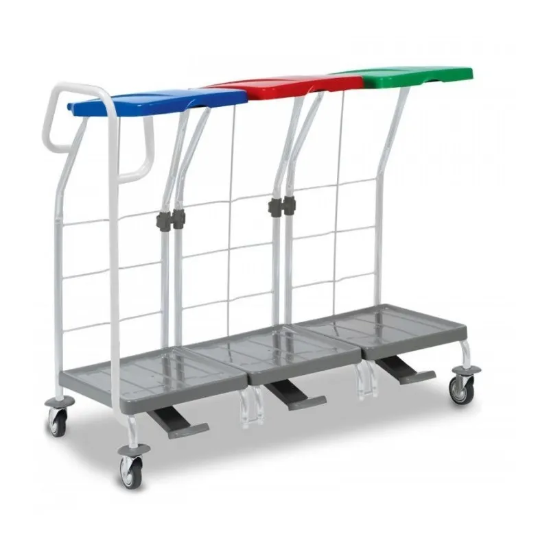 Chariot ramassage linge 3 supports sac 70 L couvercle bleu rouge vert, pédales et poignée de guidage FILMOP