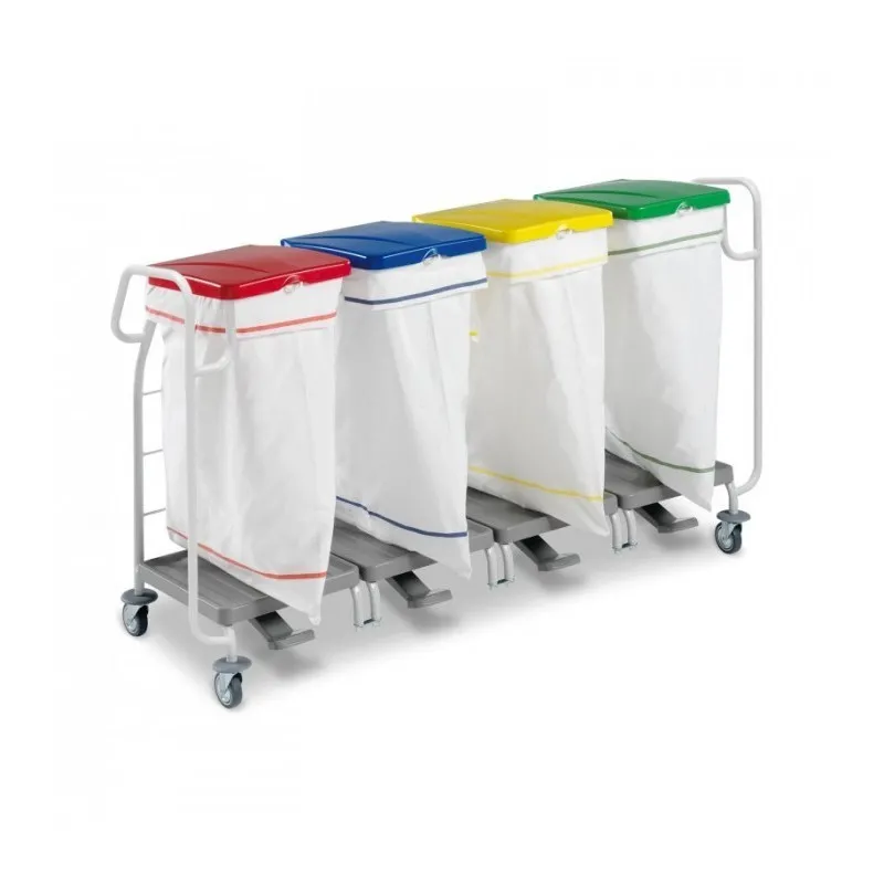 Chariot ramassage linge 4 supports sac 70 L couvercle bleu rouge vert jaune, pédales et deux poignées de guidage FILMOP