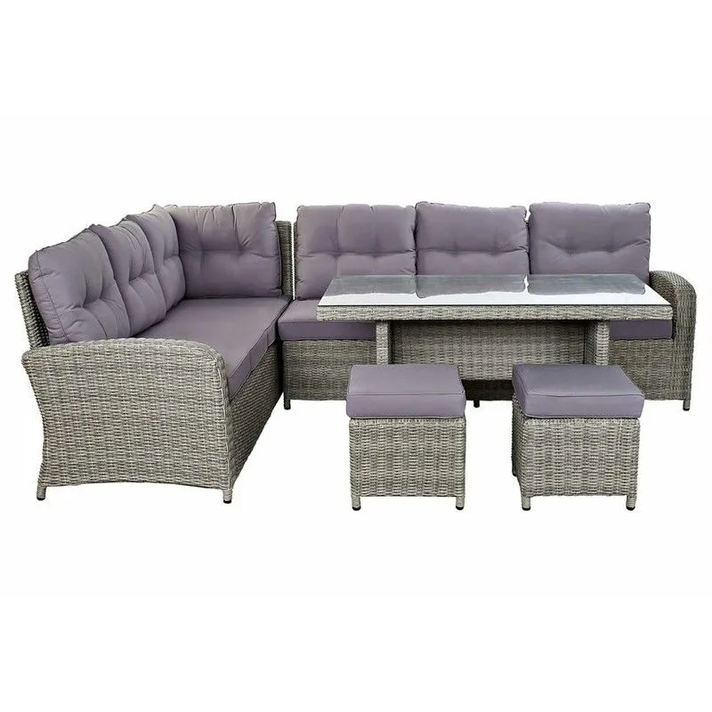 Ensemble de salle à manger de jardin composé d'un canapé d'angle en faux rotin gris, de 2 tabourets et d'une table