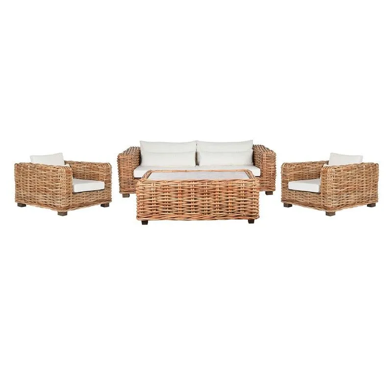 Ensemble canapé de jardin en rotin et tissu naturel et beige, 220 x 98 x 64 cm | Indonésie