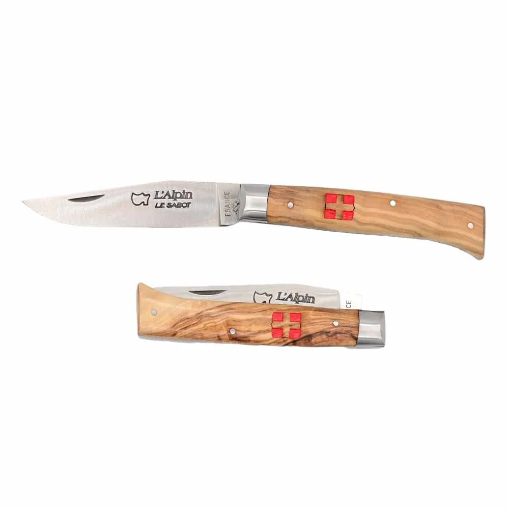 Couteau pliant Alpin Croix de Savoie Manche en Bois d'Olivier - Au Sabot