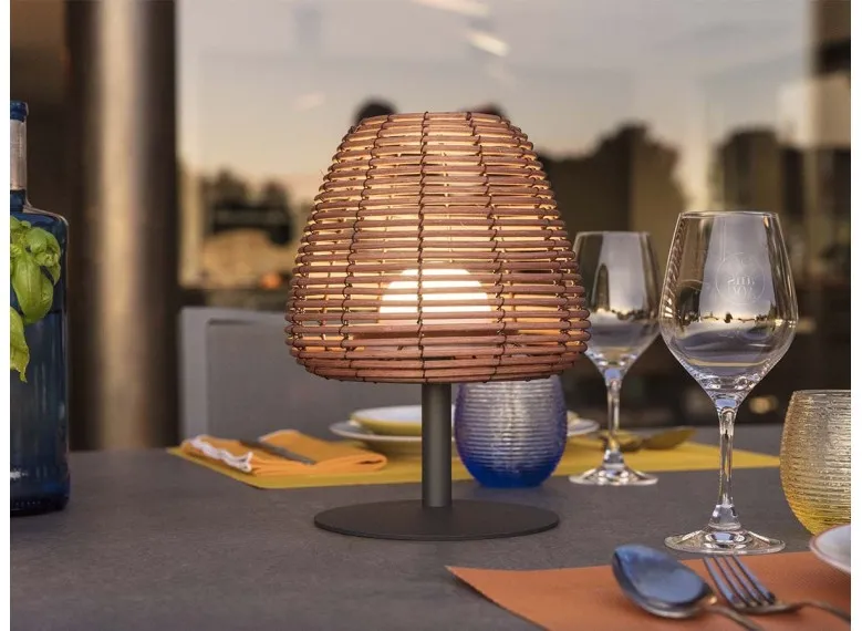 Lampe de table sans fil rotin LED blanc chaud/blanc dimmable BOHEME H 25 cm