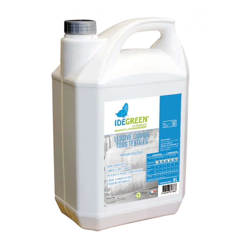Lessive liquide tous textiles un produit développé pour le lavage du linge en machine ménagère ou industrielle - Parfum Douceur.