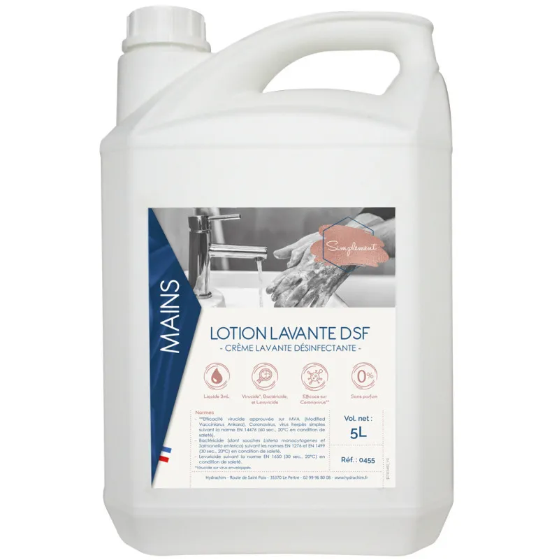 Lotion lavante DSF est une crème lavante virucide, bactéricide et levuricide. Sans parfum.
