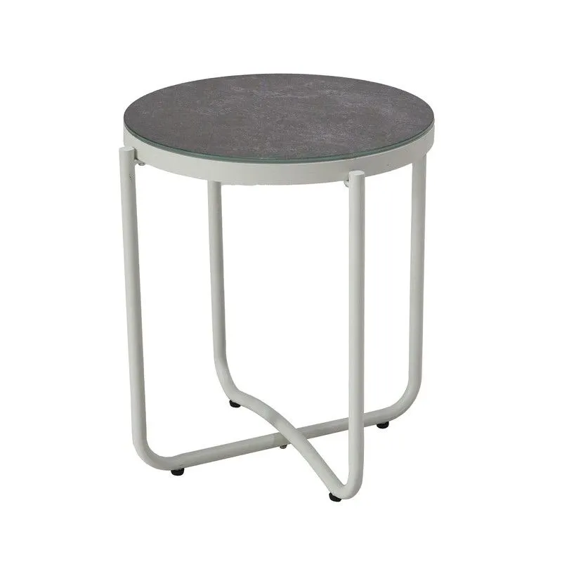 Table d'appoint de jardin en aluminium et verre blanc et gris, 47,5 x 47,5 x 56 cm | Bély