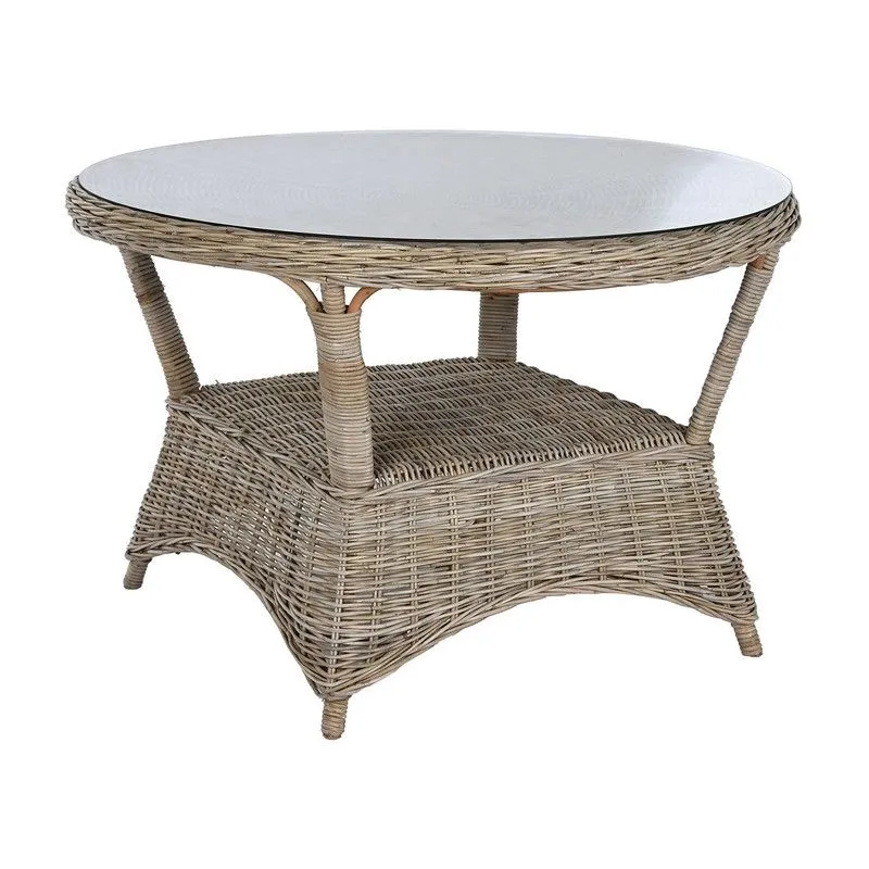 Table à manger de jardin ronde en rotin et verre trempé naturel, 120 x 120 x 82 cm | Indonésie