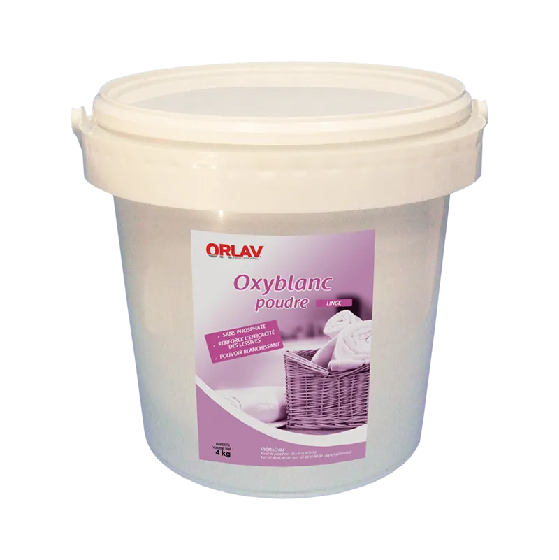 Oxyblanc poudre 4kg additif des poudres lessivielles et des lessives liquides pour le lavage des draps, tabliers et torchons.