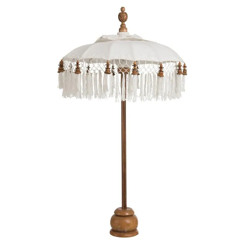 Parasol avec socle et pompons en bois et coton S Blanc Marron, Ø50x90,5cm