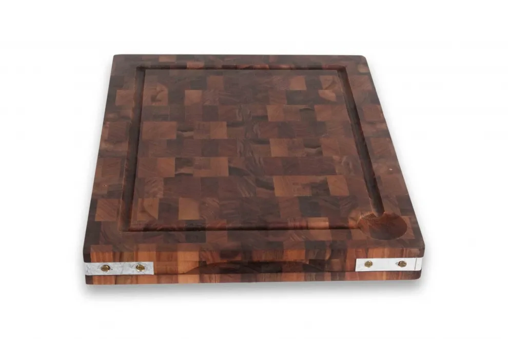 Billot à poser en bois de bout de noyer équerres laiton 40 x 50 cm