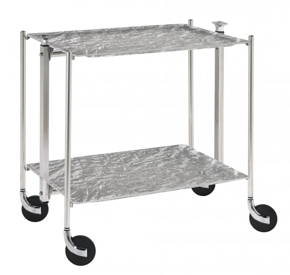 Desserte roulante et pliante 2 étages montants chromés plateaux acryliques gris
