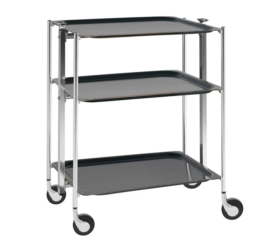 Desserte roulante et pliante 3 étages montants chromés plateaux stratifiés bois