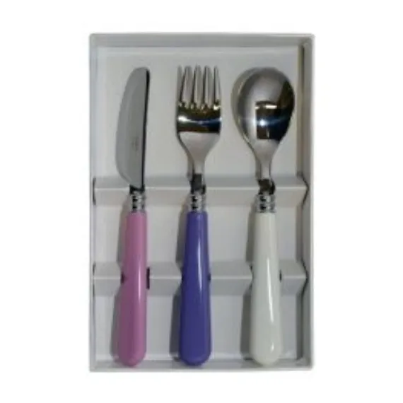Set de 3 couverts pour enf. couteau rose /fourchette mauve /cuillère écume